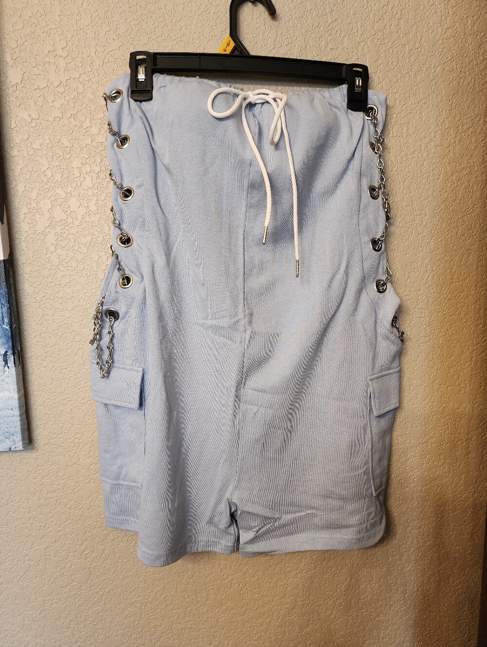 Fashion Nova Light Blue Cargo Romper with Chain Detail And Push Up Bra